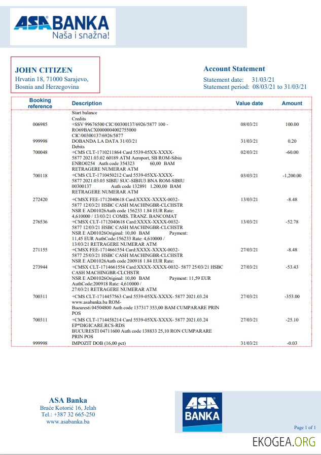 Bosnie Herzégovine Déclaration d'ASA Banka